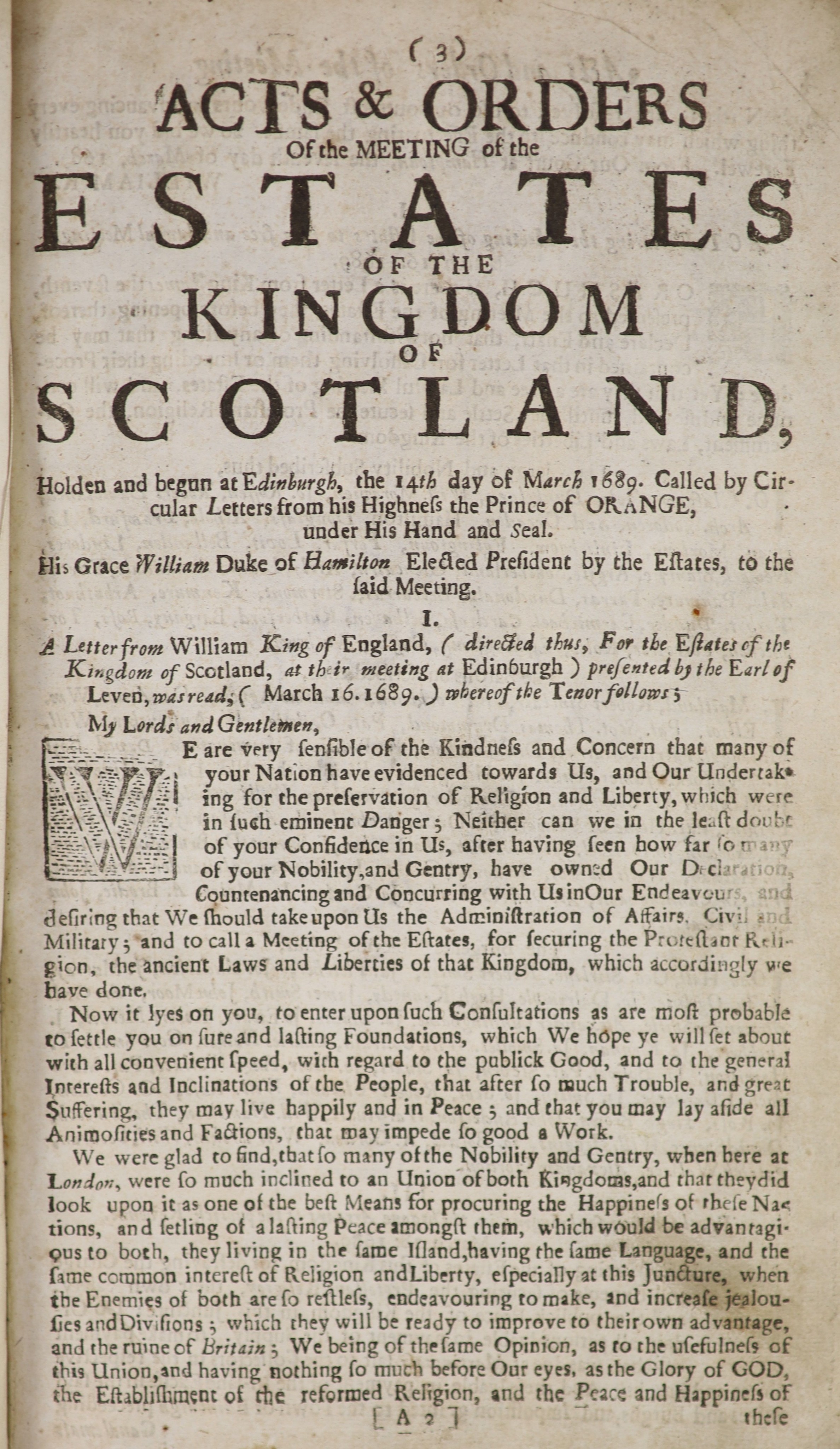 [Scotland] Laws and Acts (of Scotland)' approx. 12 various, William & Mary (1689) - Ann (1707). engraved headpieces and decorated initial letters; includes (January 1707) 'Act Ratifying and Approving the Treaty of Union